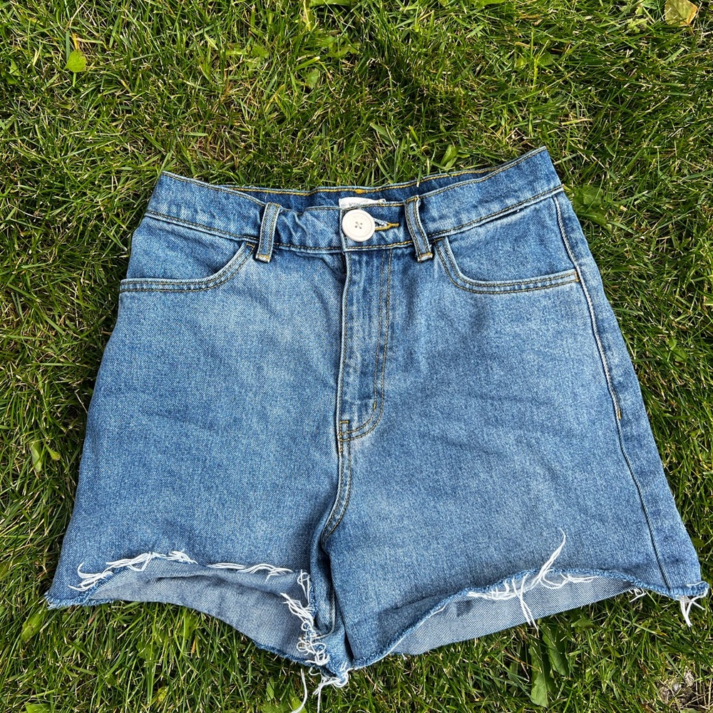 Whimsy + Row Blue Jean Shorts High-Waisted Distressed